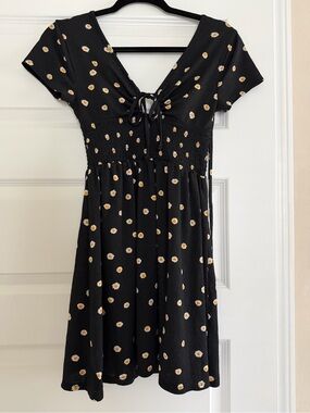 Black Daisy Print Tie-Front Mini Dress